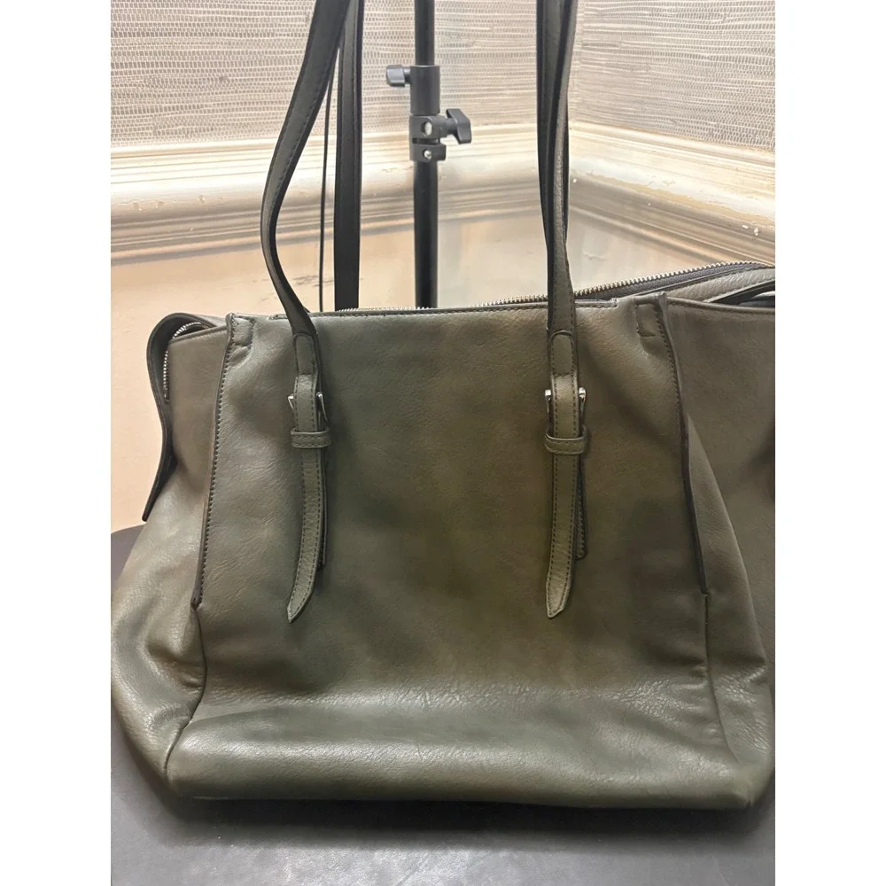 Urban Expressions Olive Green Vegan Leather Tote Bag Striped Lining Shoulder Bag